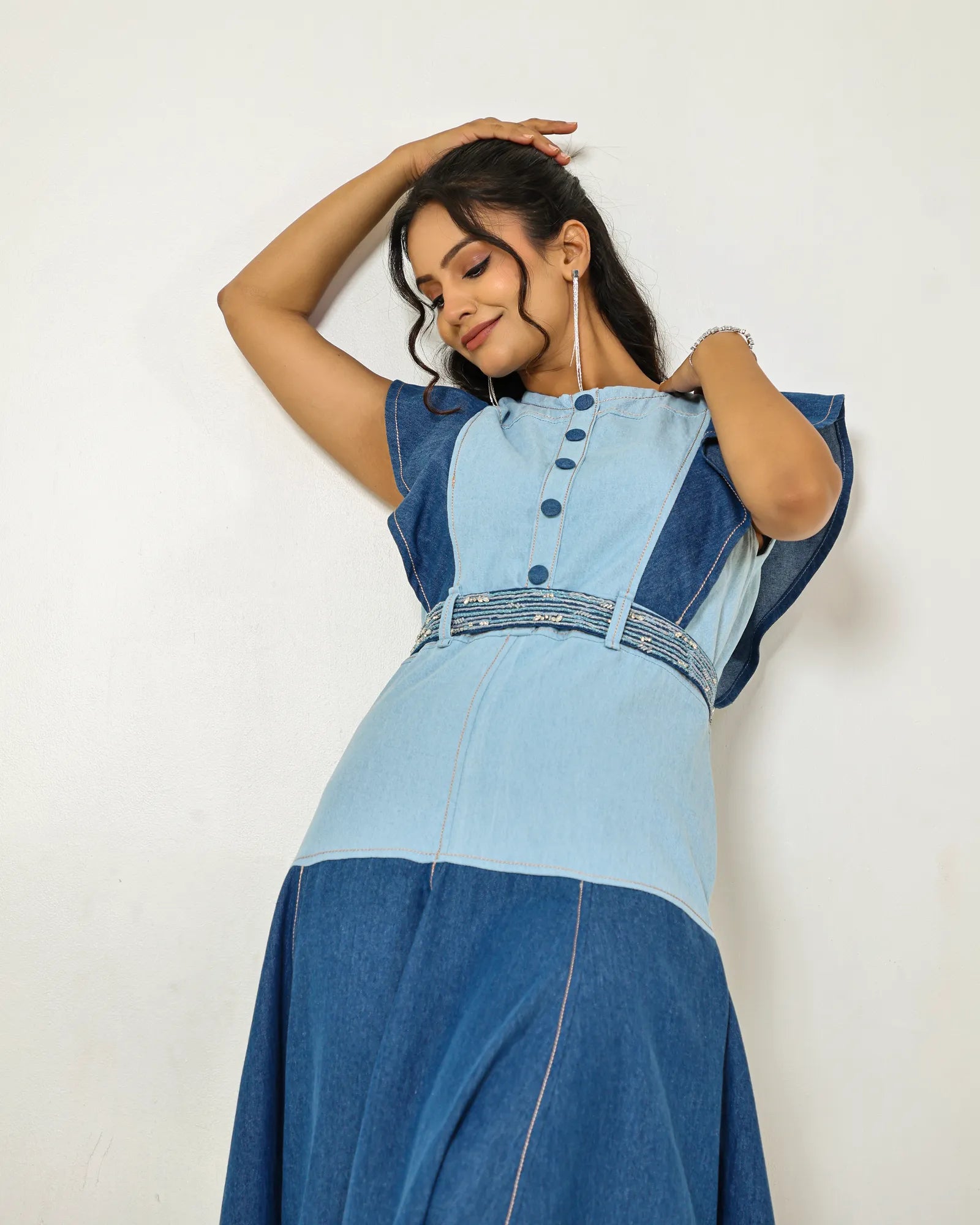 The Dark and light denim colour block midi dress with embellished belt