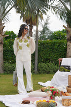 Green Laser Cut Leaf Organza Shirt - Sila Atelier