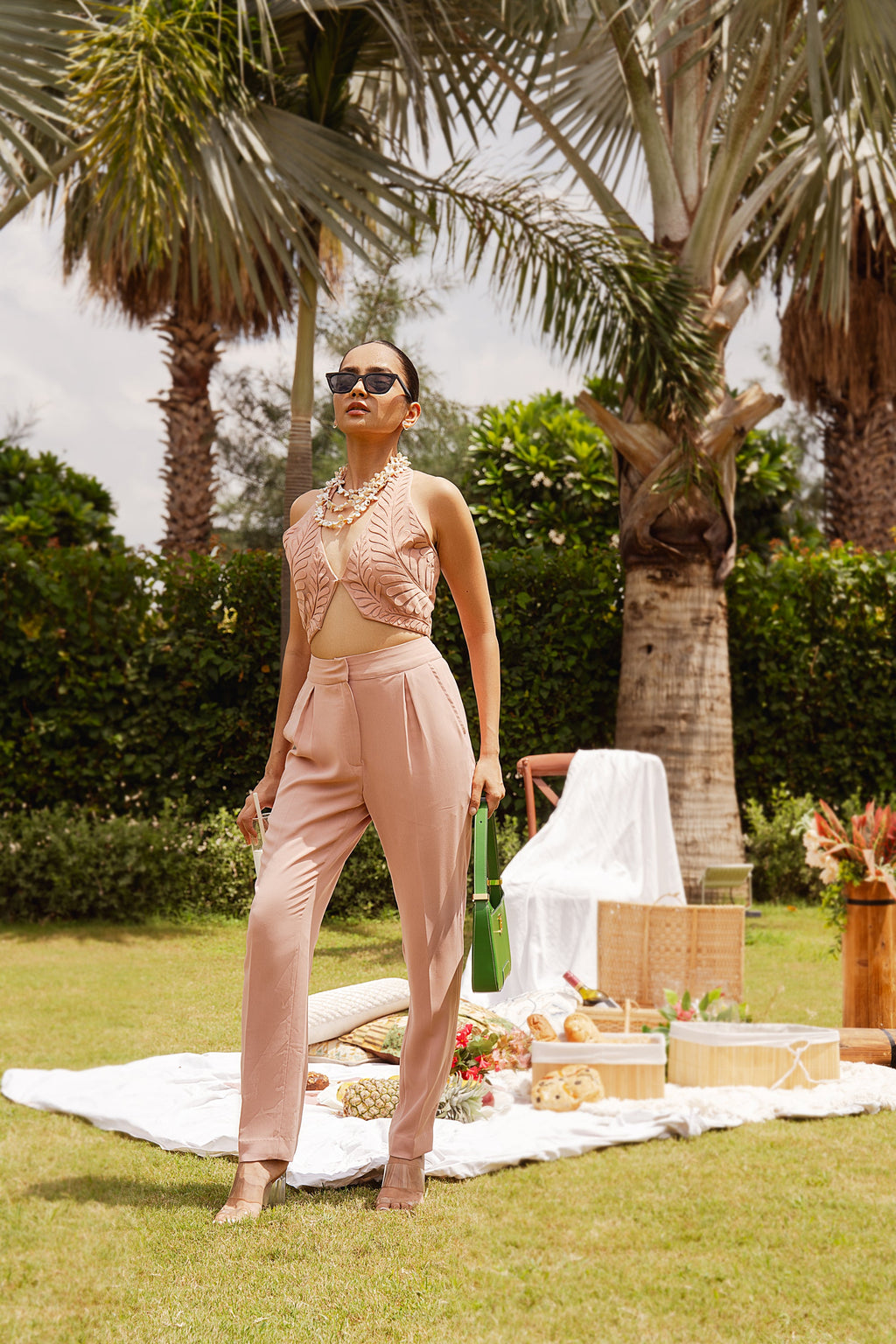 Peach Halter Neck Waistcoat and Pants Set - Sila Atelier