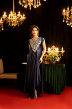 Navy Blue Asymmetrical Maxi Dress - Sila Atelier