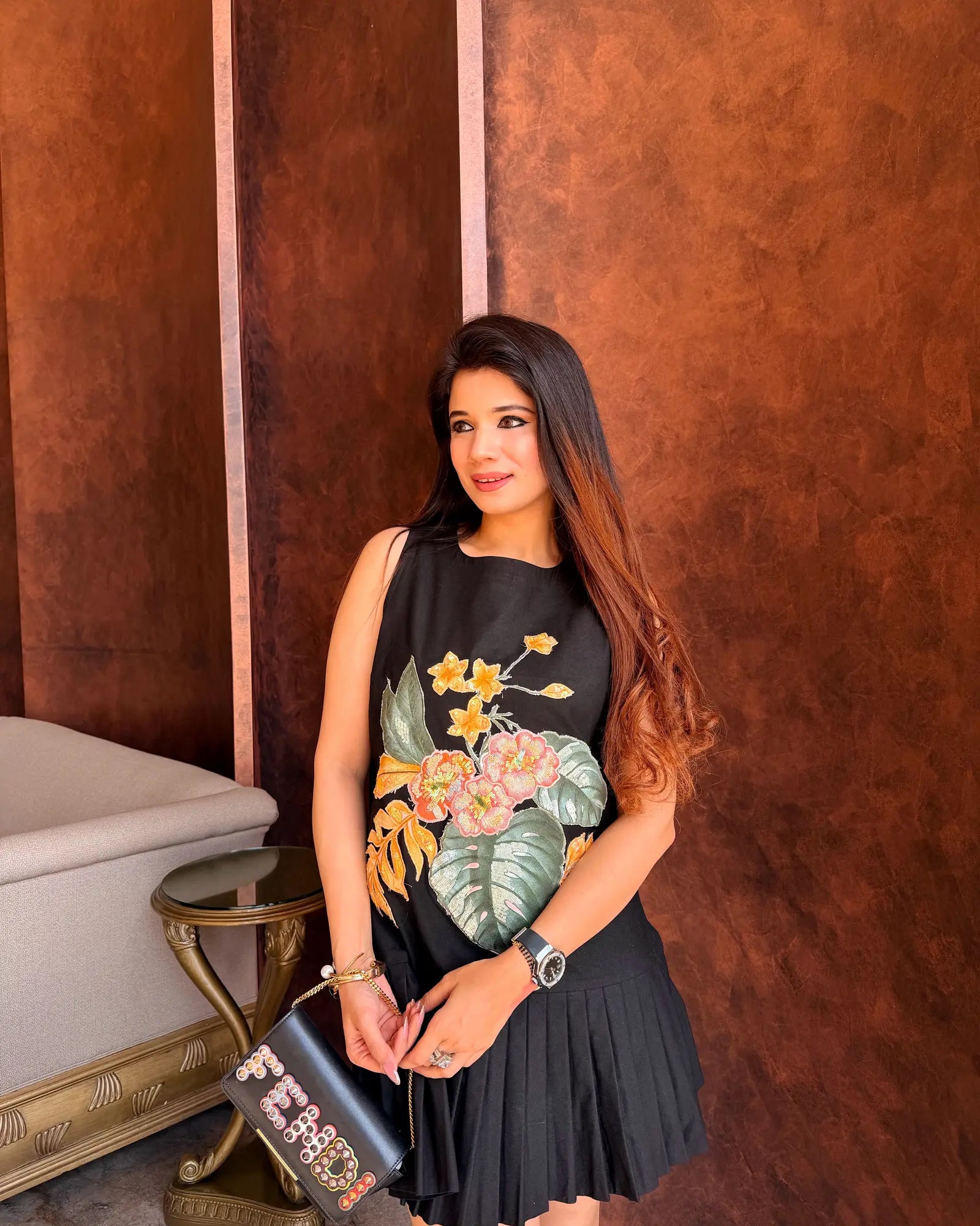 Black Hand Painted Flower Mini Dress