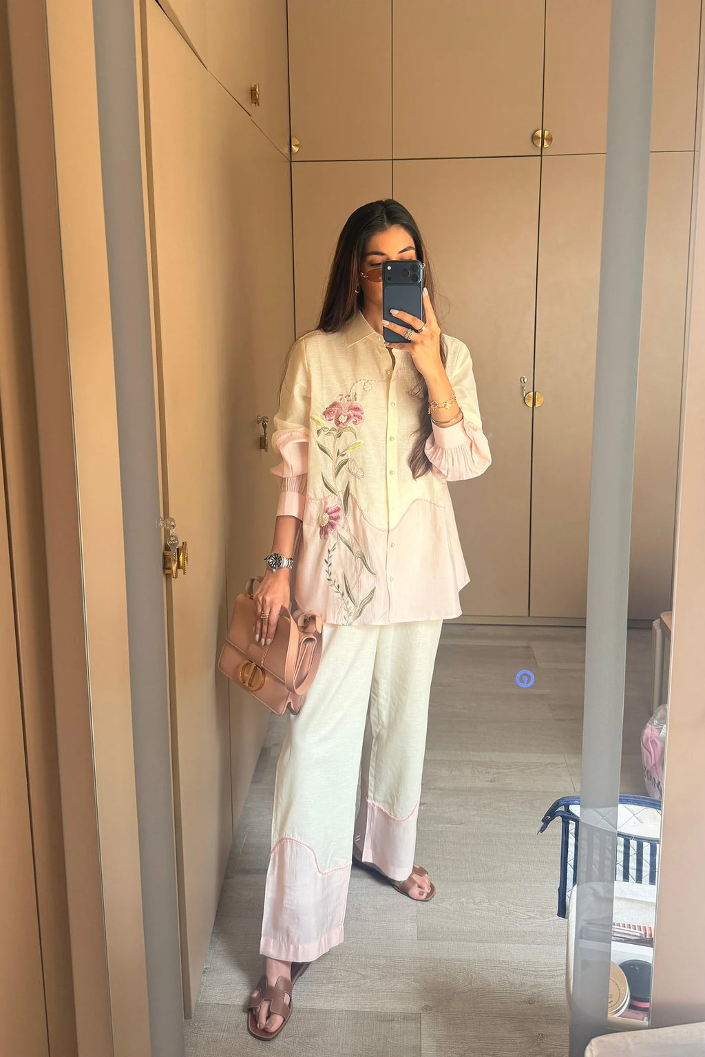Ether Pink Embroidered French lace Silk Linen Shirt/Co-ord Set