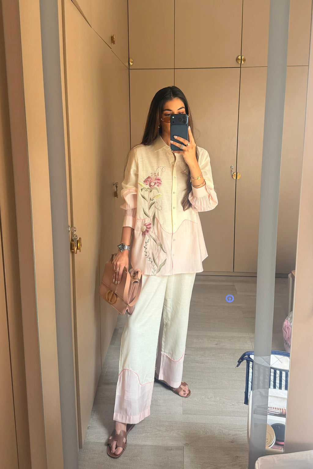 Ether Pink Embroidered French lace Silk Linen Shirt/Co-ord Set