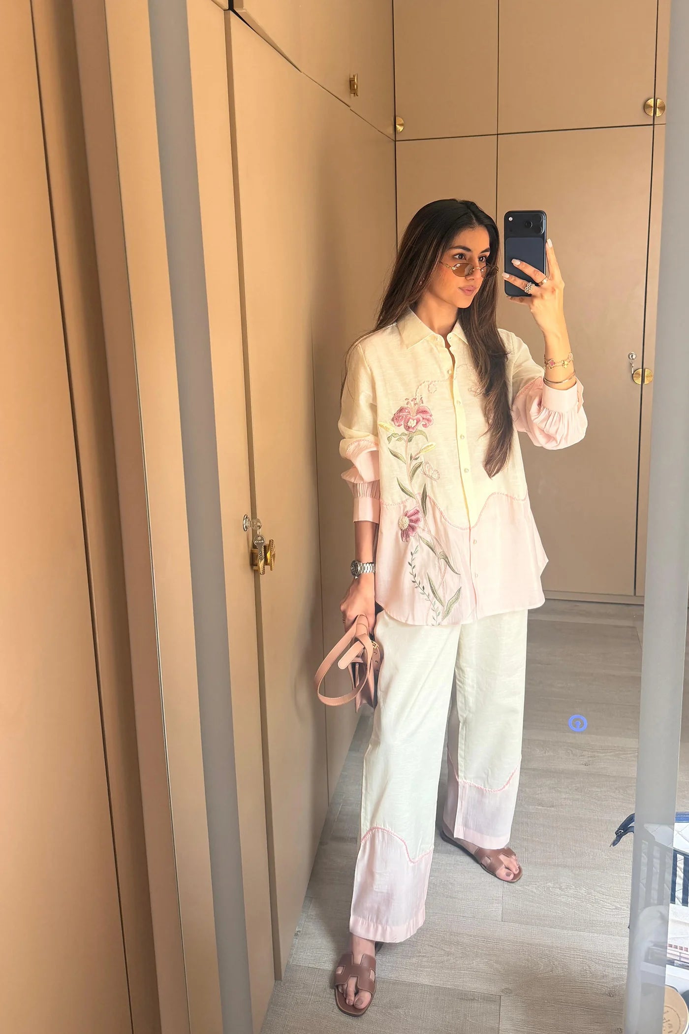 Ether Pink Embroidered French lace Silk Linen Shirt/Co-ord Set