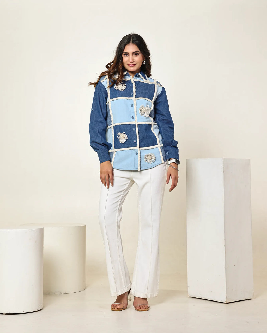 THE DARK AND LIGHT DENIM CHECKS SHIRT WITH 3D FLORAL EMBELLISHMENT