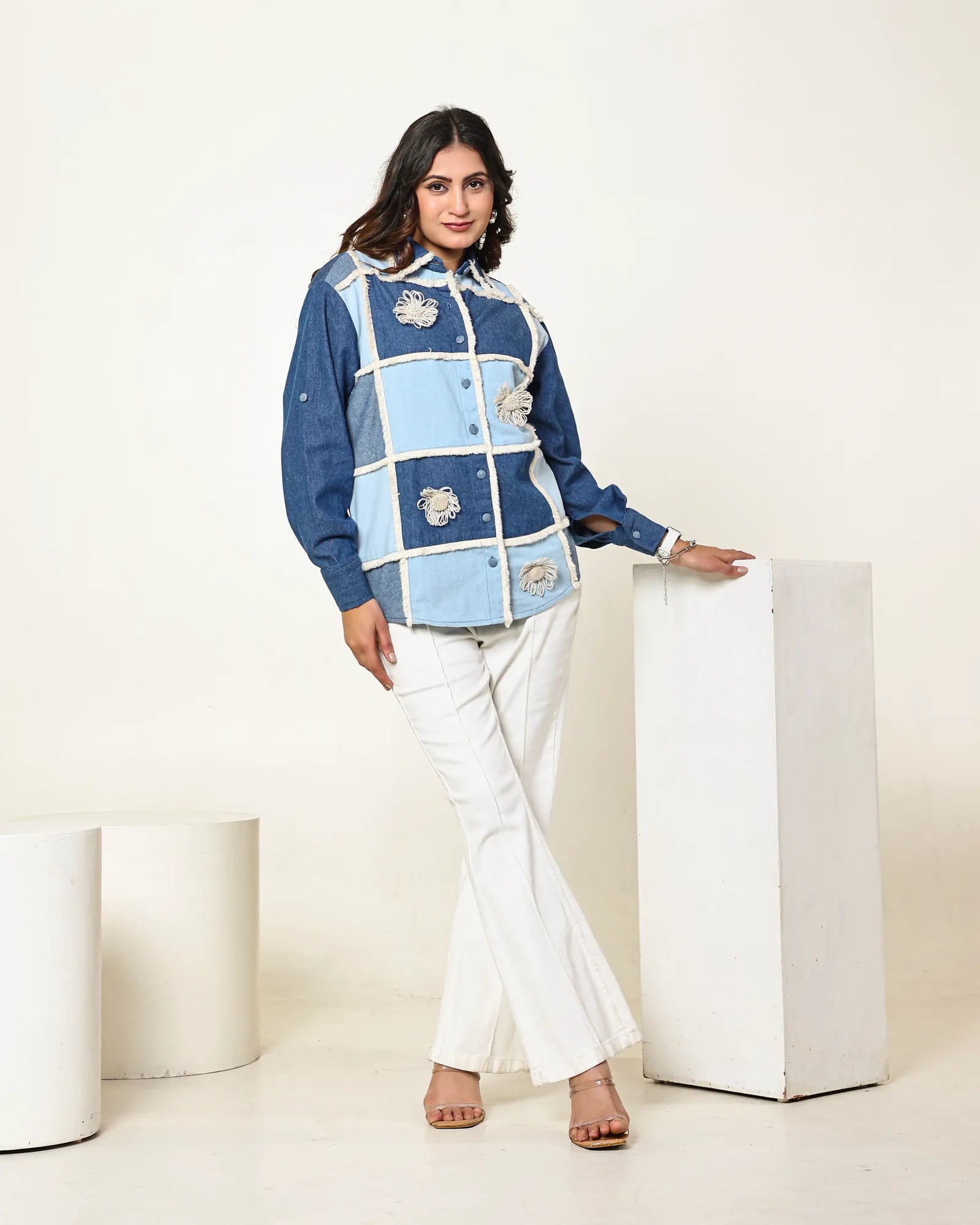 THE DARK AND LIGHT DENIM CHECKS SHIRT WITH 3D FLORAL EMBELLISHMENT