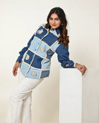 THE DARK AND LIGHT DENIM CHECKS SHIRT WITH 3D FLORAL EMBELLISHMENT