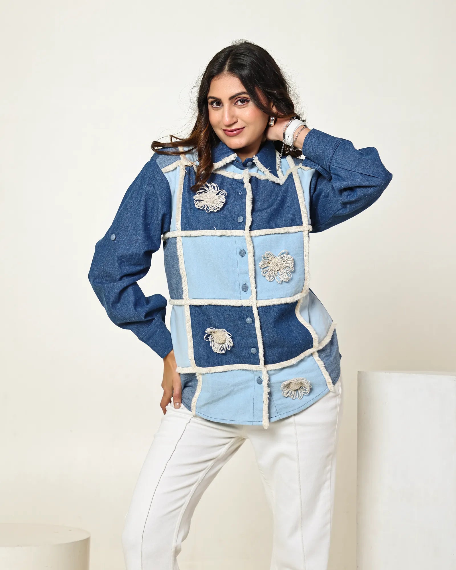 THE DARK AND LIGHT DENIM CHECKS SHIRT WITH 3D FLORAL EMBELLISHMENT