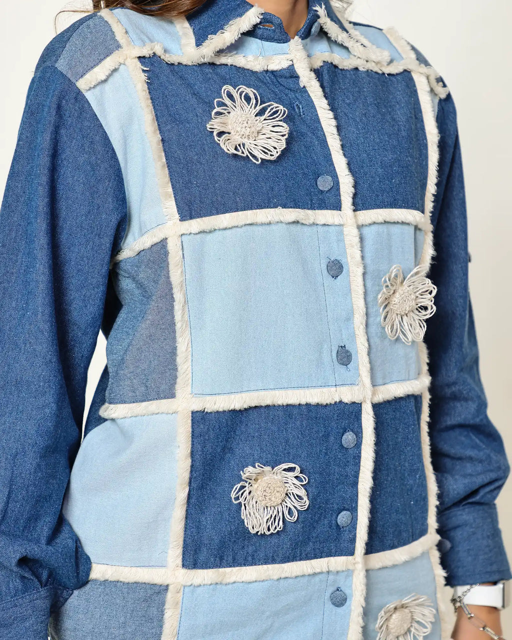 THE DARK AND LIGHT DENIM CHECKS SHIRT WITH 3D FLORAL EMBELLISHMENT