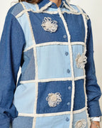 THE DARK AND LIGHT DENIM CHECKS SHIRT WITH 3D FLORAL EMBELLISHMENT