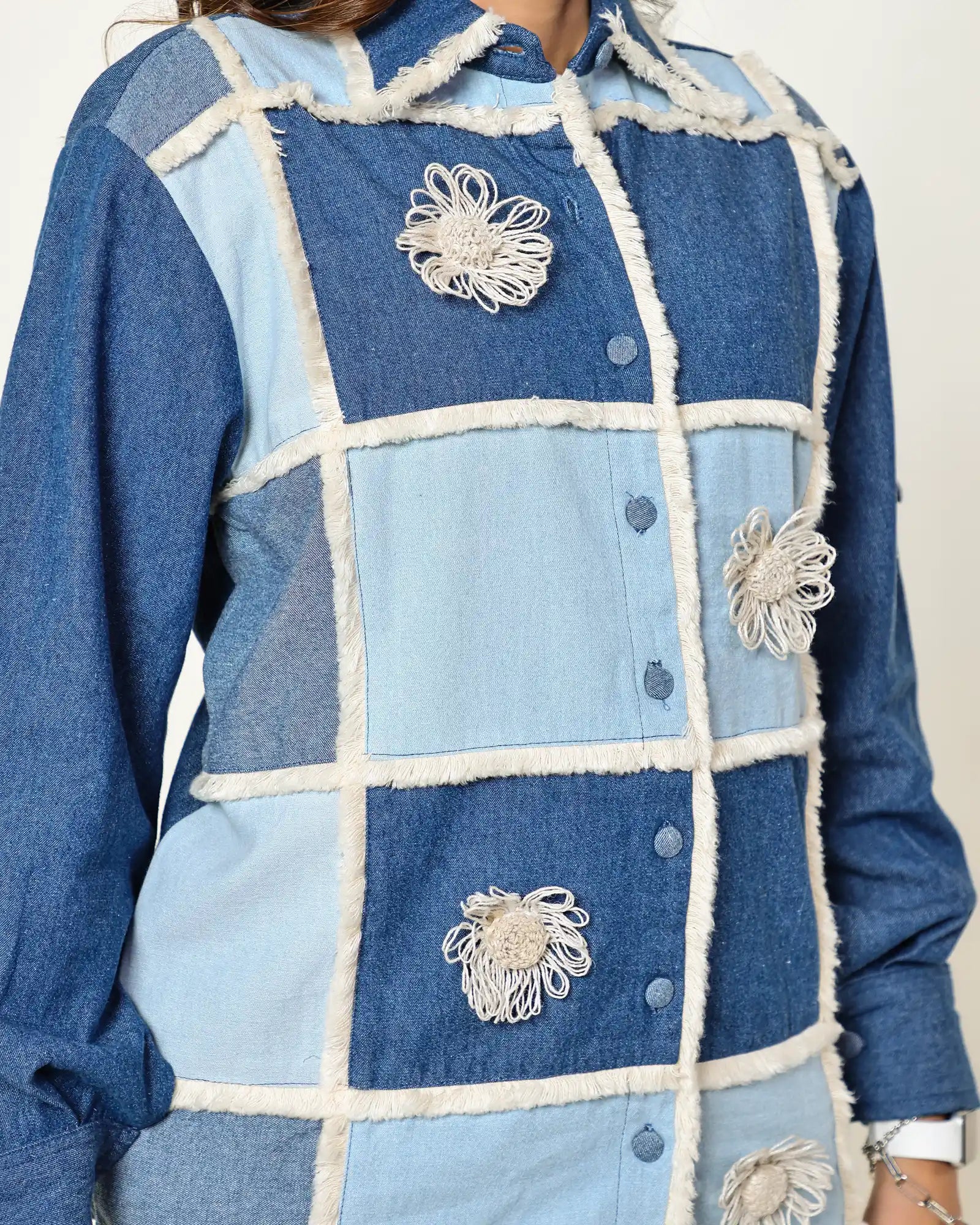 THE DARK AND LIGHT DENIM CHECKS SHIRT WITH 3D FLORAL EMBELLISHMENT