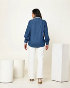 THE DARK AND LIGHT DENIM CHECKS SHIRT WITH 3D FLORAL EMBELLISHMENT