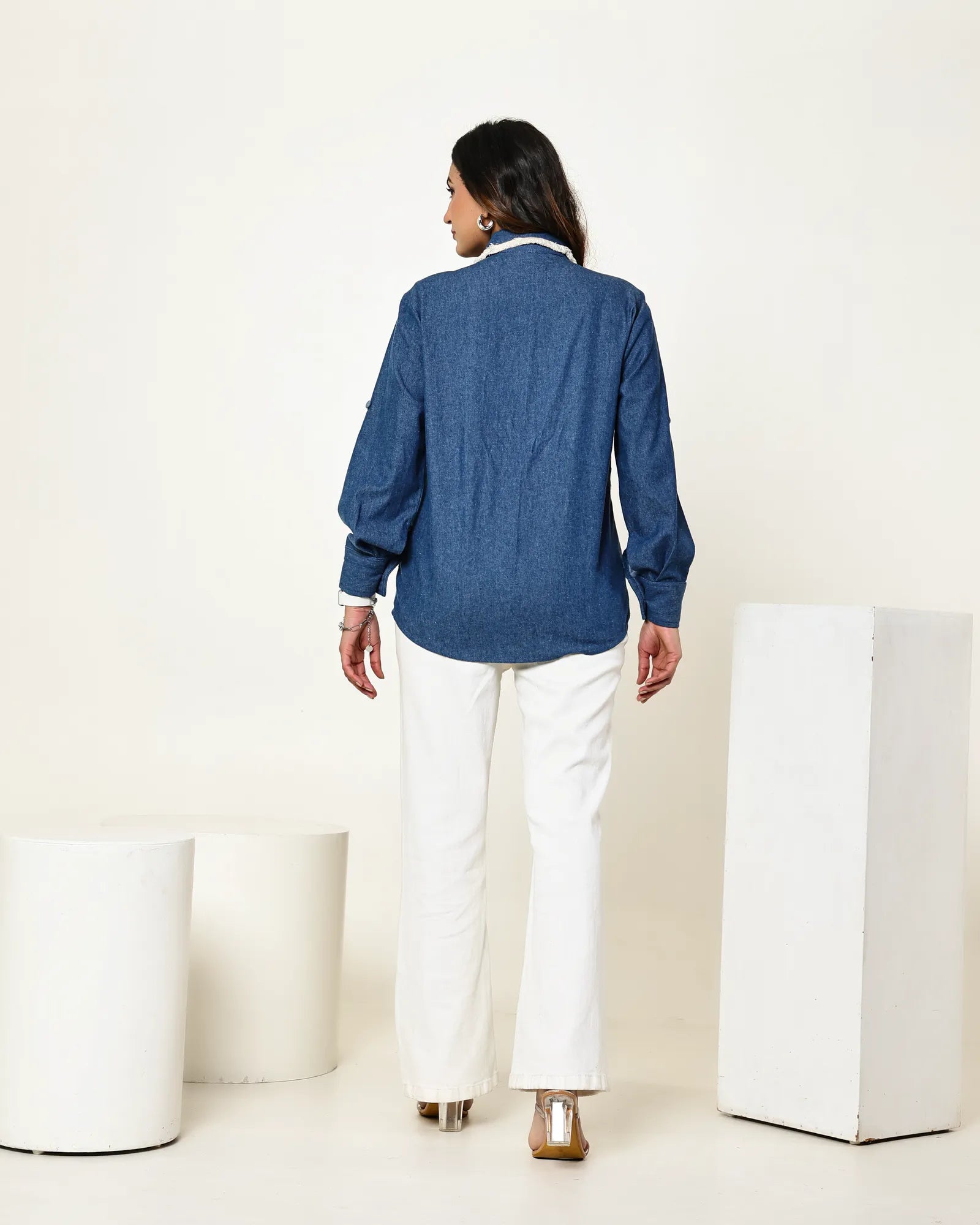 THE DARK AND LIGHT DENIM CHECKS SHIRT WITH 3D FLORAL EMBELLISHMENT
