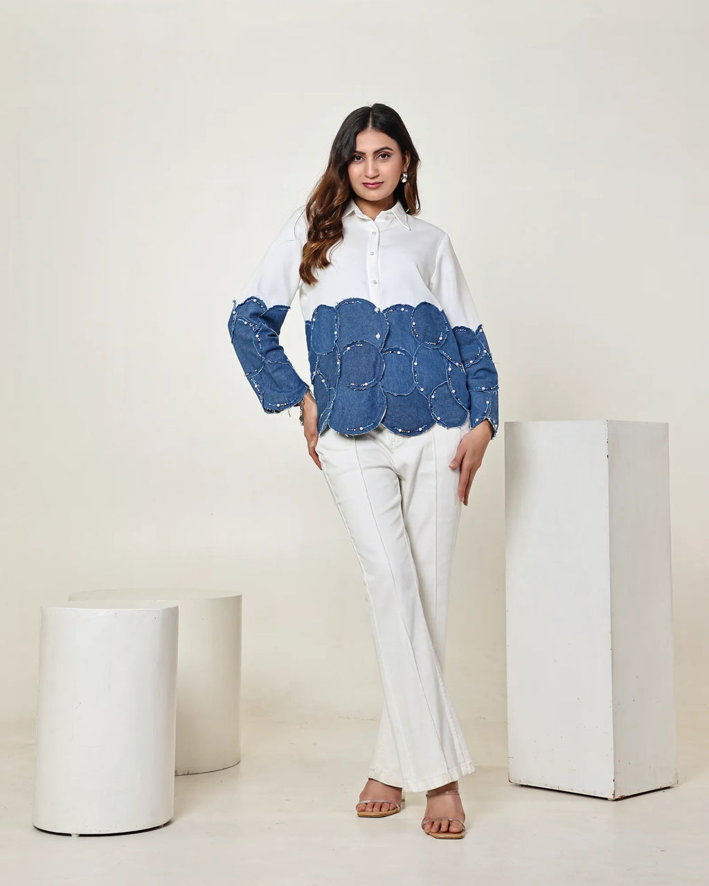 THE WHITE AND DARK DENIM BLUE COLOUR BLOCK 3D CIRCLE EMBELLISHED SHIRT