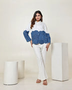 THE WHITE AND DARK DENIM BLUE COLOUR BLOCK 3D CIRCLE EMBELLISHED SHIRT