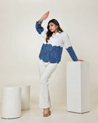 THE WHITE AND DARK DENIM BLUE COLOUR BLOCK 3D CIRCLE EMBELLISHED SHIRT
