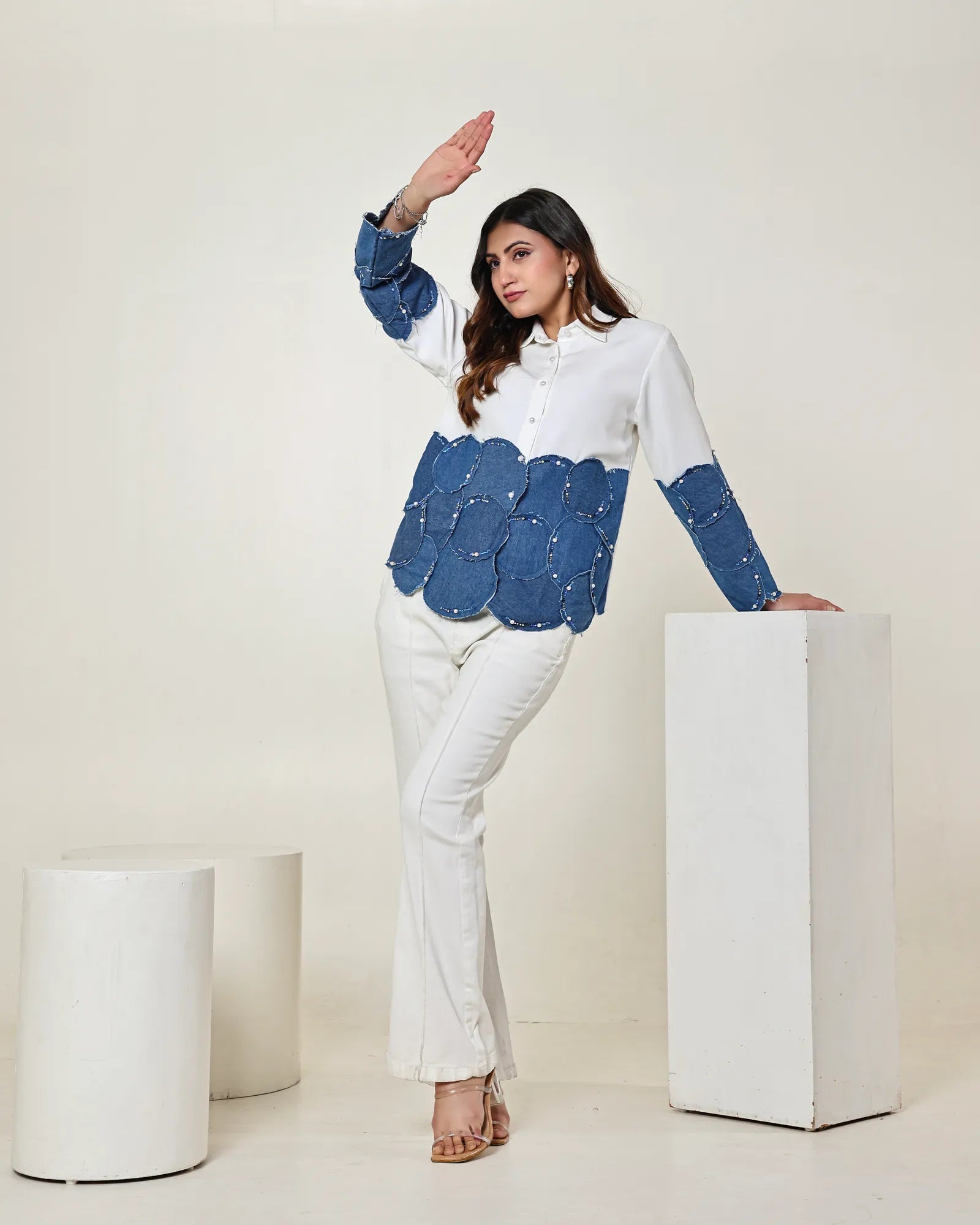 THE WHITE AND DARK DENIM BLUE COLOUR BLOCK 3D CIRCLE EMBELLISHED SHIRT