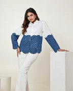 THE WHITE AND DARK DENIM BLUE COLOUR BLOCK 3D CIRCLE EMBELLISHED SHIRT