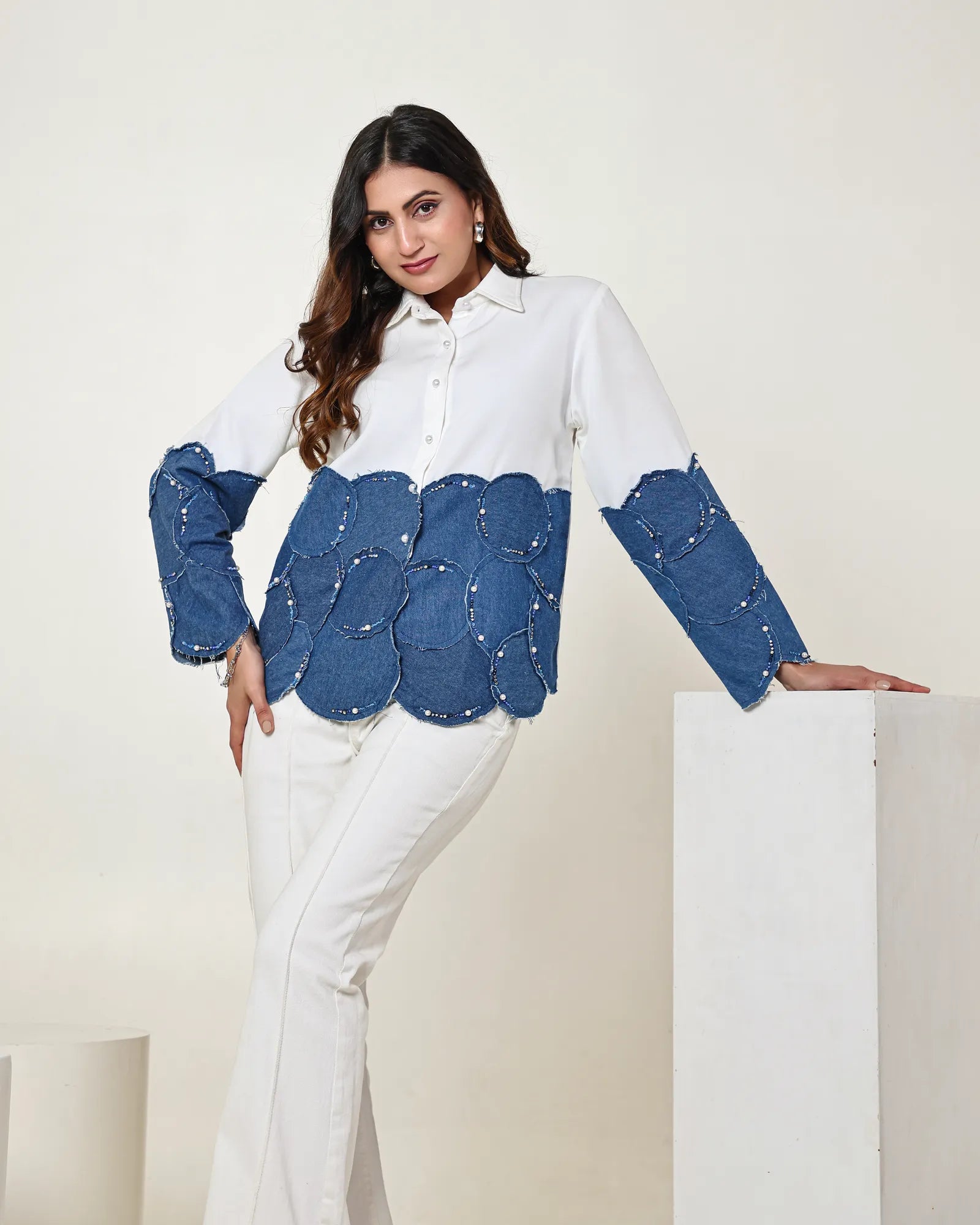 THE WHITE AND DARK DENIM BLUE COLOUR BLOCK 3D CIRCLE EMBELLISHED SHIRT