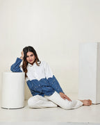 THE WHITE AND DARK DENIM BLUE COLOUR BLOCK 3D CIRCLE EMBELLISHED SHIRT