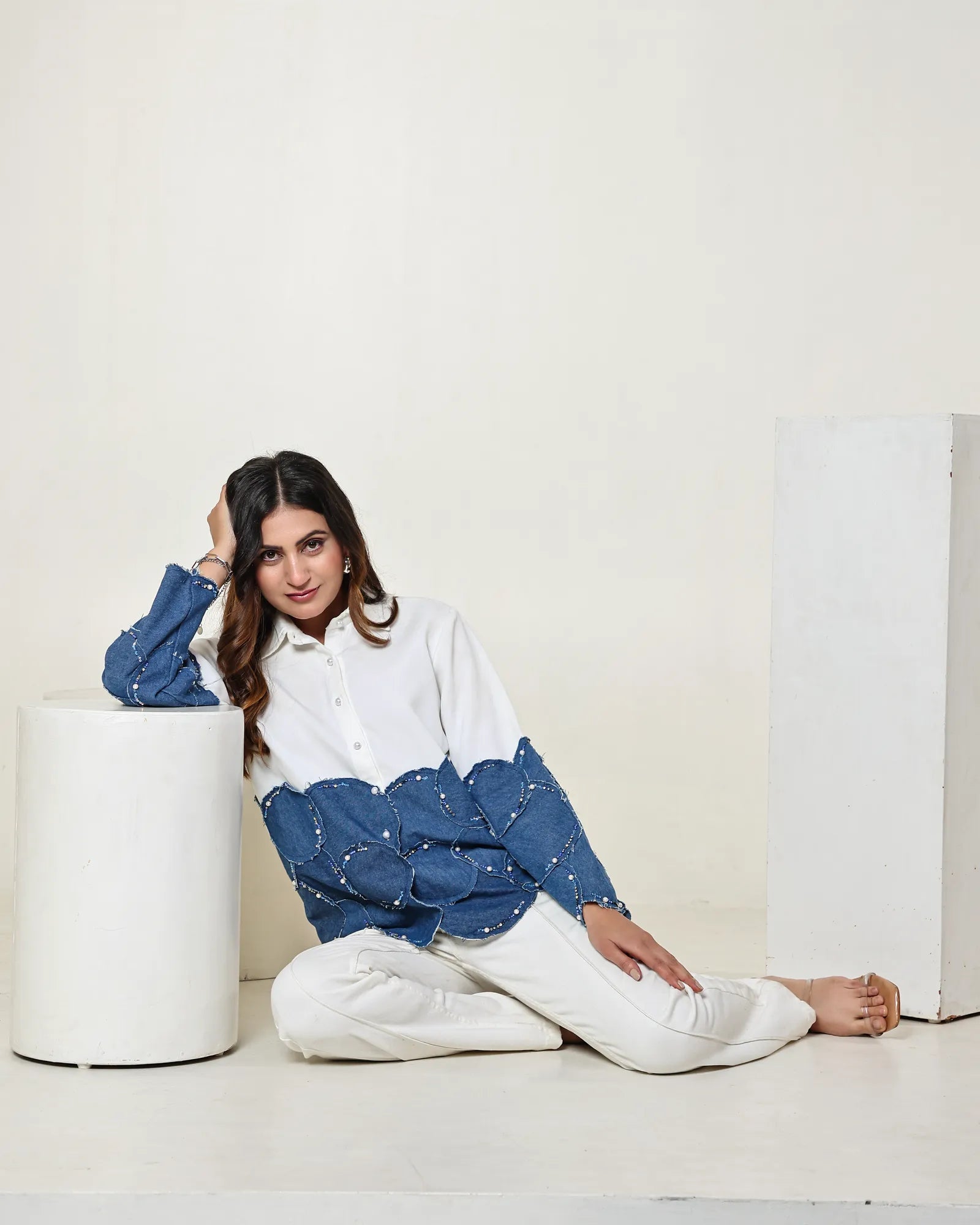 THE WHITE AND DARK DENIM BLUE COLOUR BLOCK 3D CIRCLE EMBELLISHED SHIRT