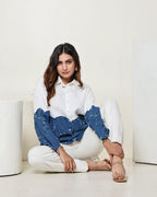 THE WHITE AND DARK DENIM BLUE COLOUR BLOCK 3D CIRCLE EMBELLISHED SHIRT