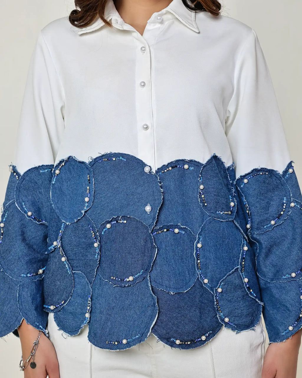THE WHITE AND DARK DENIM BLUE COLOUR BLOCK 3D CIRCLE EMBELLISHED SHIRT