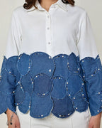 THE WHITE AND DARK DENIM BLUE COLOUR BLOCK 3D CIRCLE EMBELLISHED SHIRT