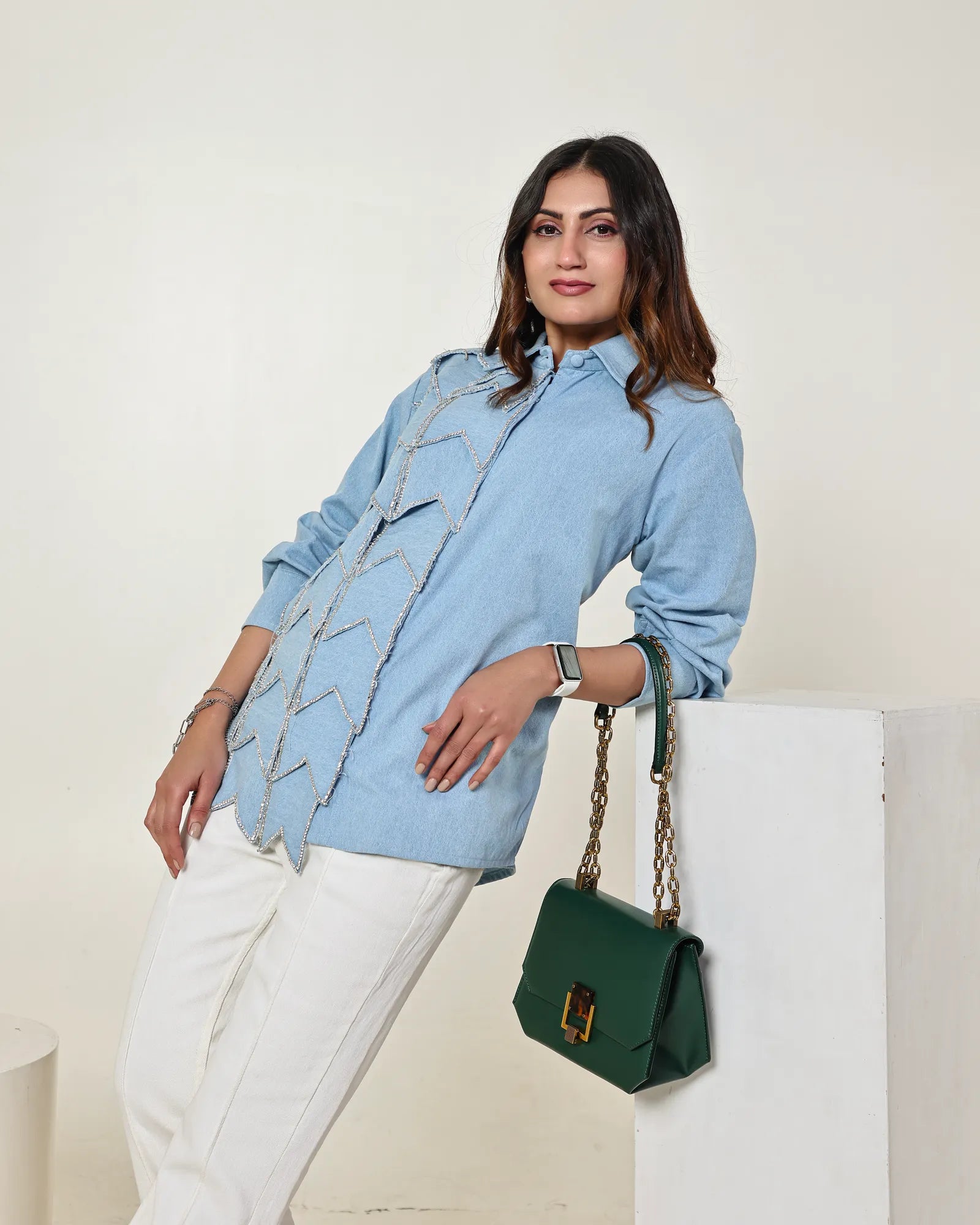 THE LIGHT DENIM 3D PANEL STONE EMBELLISHED SHIRT