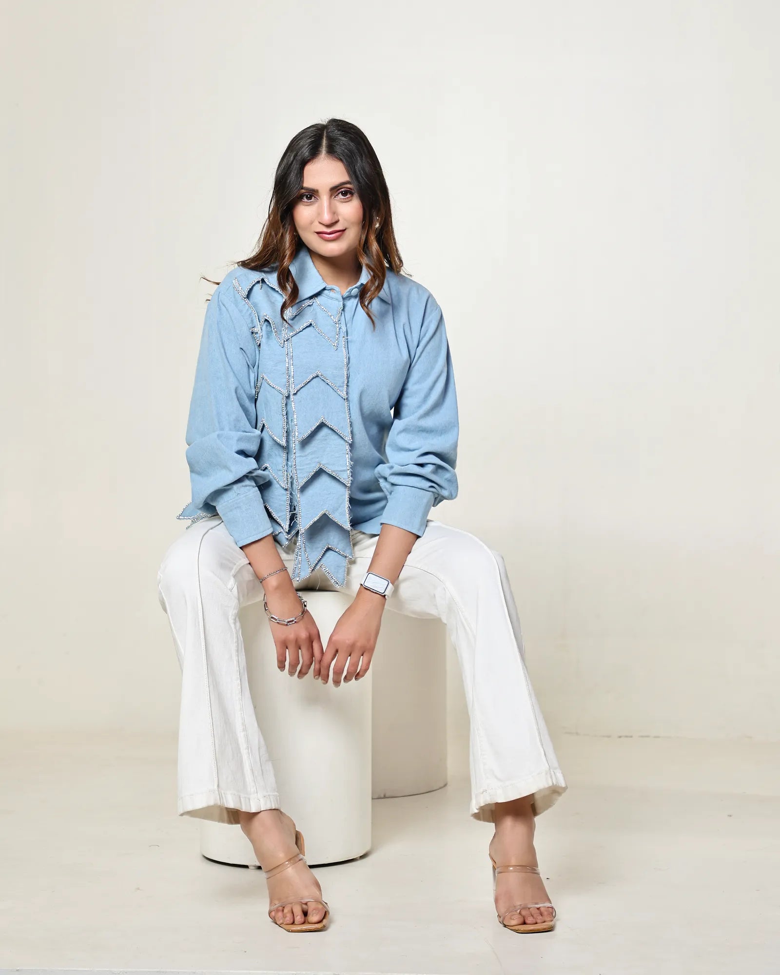 THE LIGHT DENIM 3D PANEL STONE EMBELLISHED SHIRT