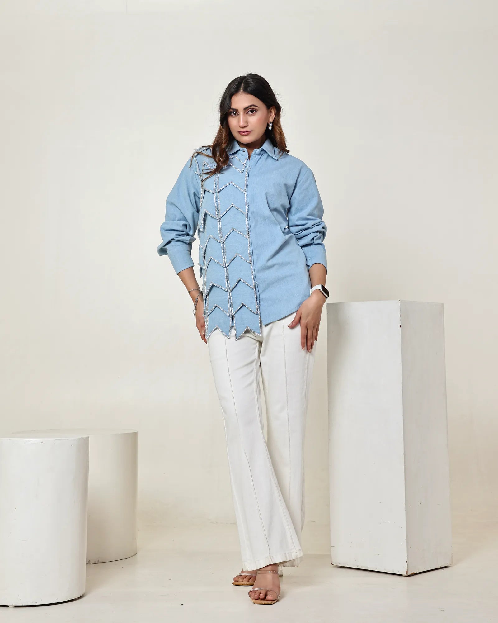 THE LIGHT DENIM 3D PANEL STONE EMBELLISHED SHIRT