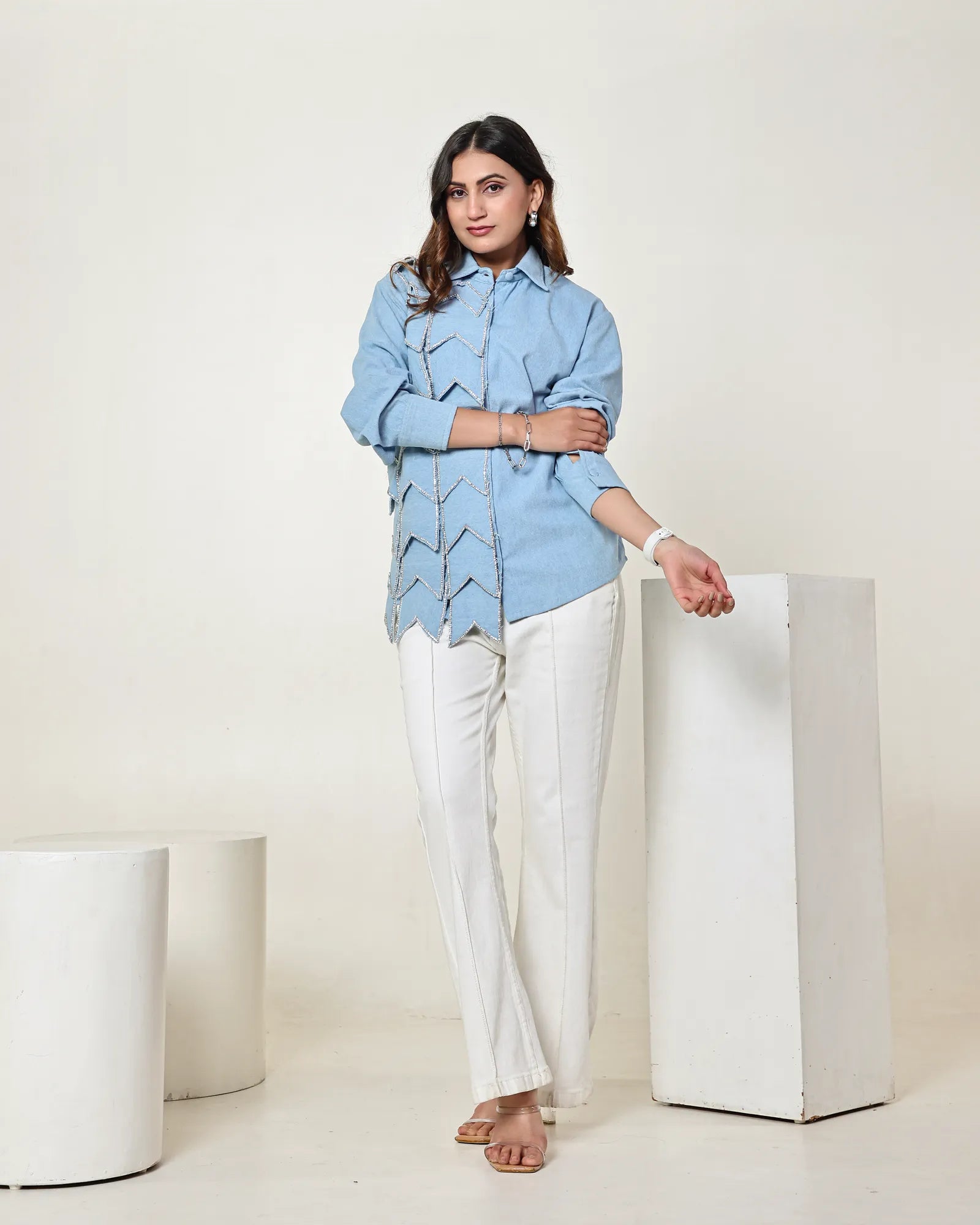 THE LIGHT DENIM 3D PANEL STONE EMBELLISHED SHIRT