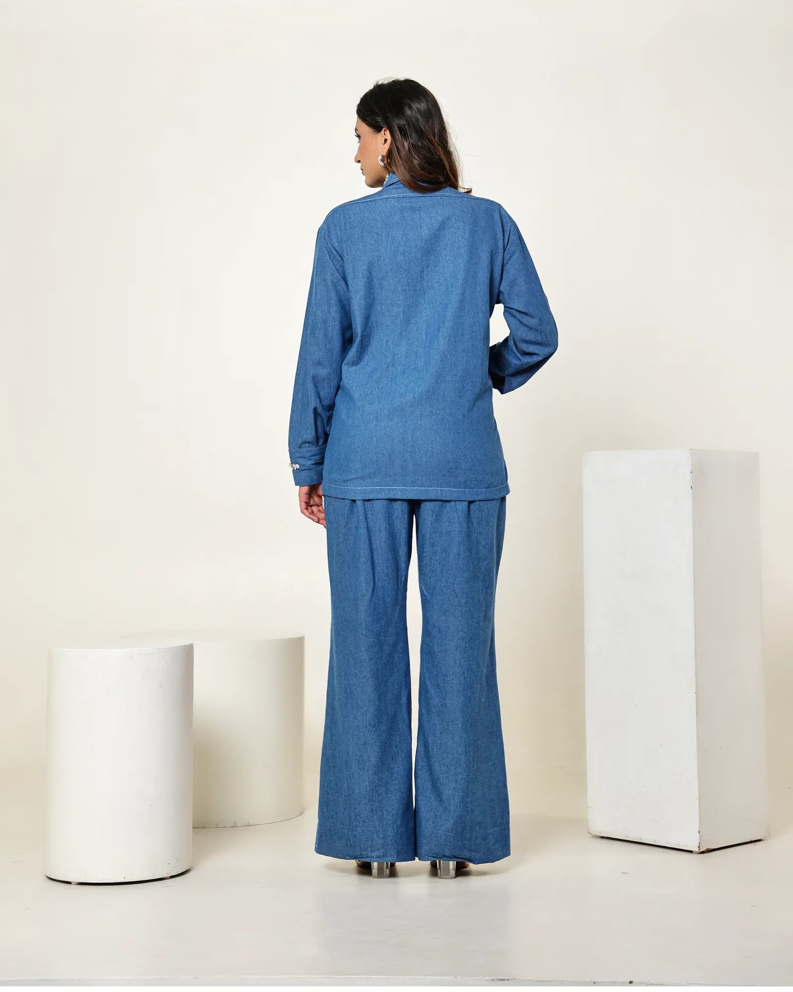 THE DARK DENIM BOW EMBELLISHED TIE UP SHIRT WITH HIGH WAISTED BELL BOTTOM PANTS