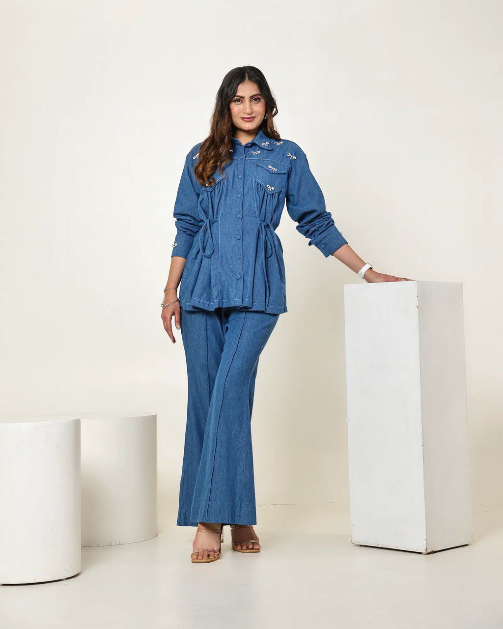 THE DARK DENIM BOW EMBELLISHED TIE UP SHIRT WITH HIGH WAISTED BELL BOTTOM PANTS