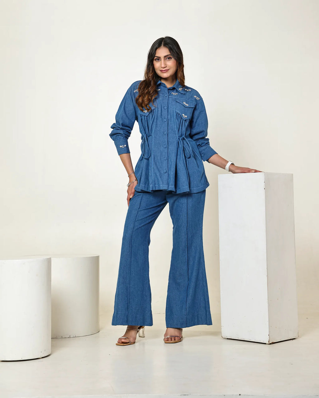 THE DARK DENIM BOW EMBELLISHED TIE UP SHIRT WITH HIGH WAISTED BELL BOTTOM PANTS