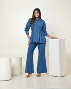 THE DARK DENIM BOW EMBELLISHED TIE UP SHIRT WITH HIGH WAISTED BELL BOTTOM PANTS