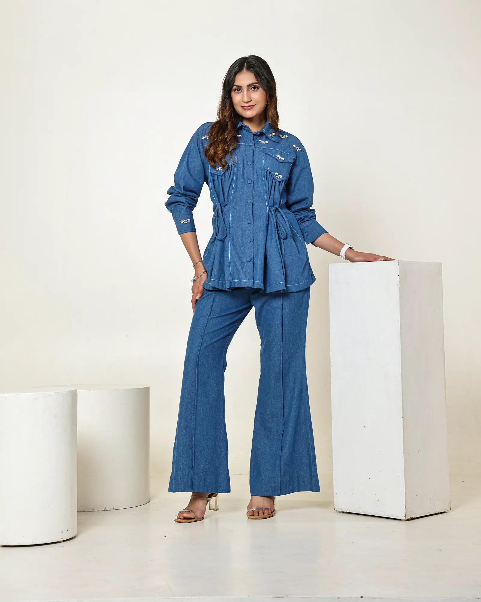 THE DARK DENIM BOW EMBELLISHED TIE UP SHIRT WITH HIGH WAISTED BELL BOTTOM PANTS