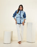 THE DARK AND LIGHT DENIM COLOUR BLOCK 3D FLOWERS EMBELLISHED SHIRT