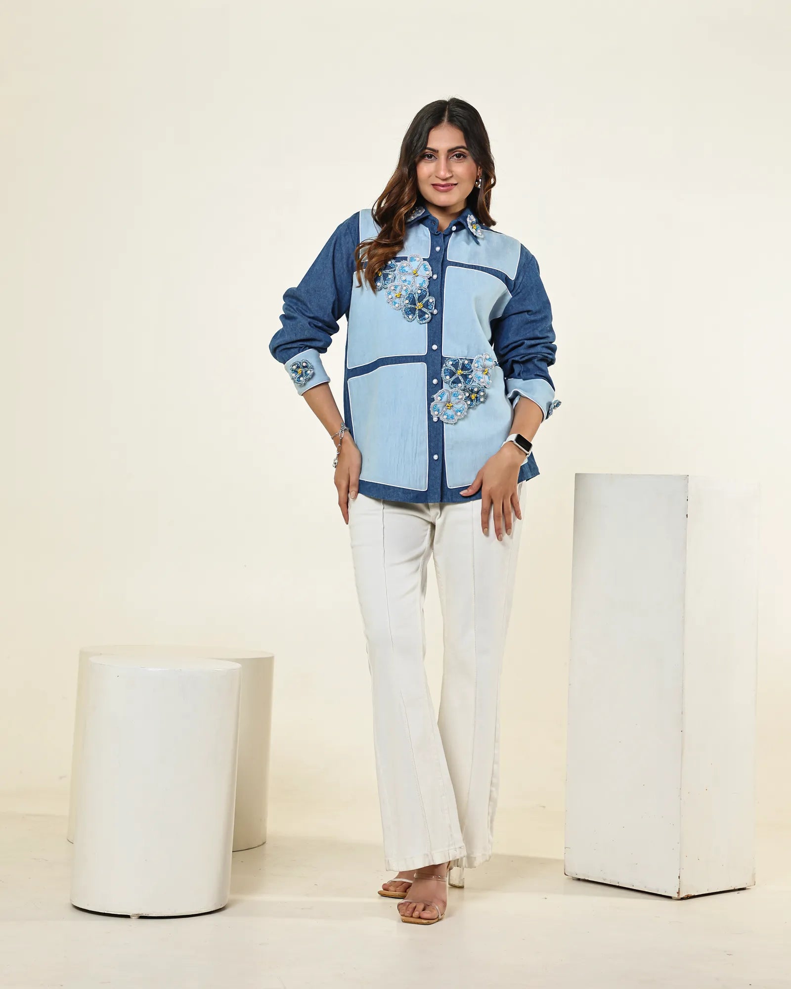 THE DARK AND LIGHT DENIM COLOUR BLOCK 3D FLOWERS EMBELLISHED SHIRT