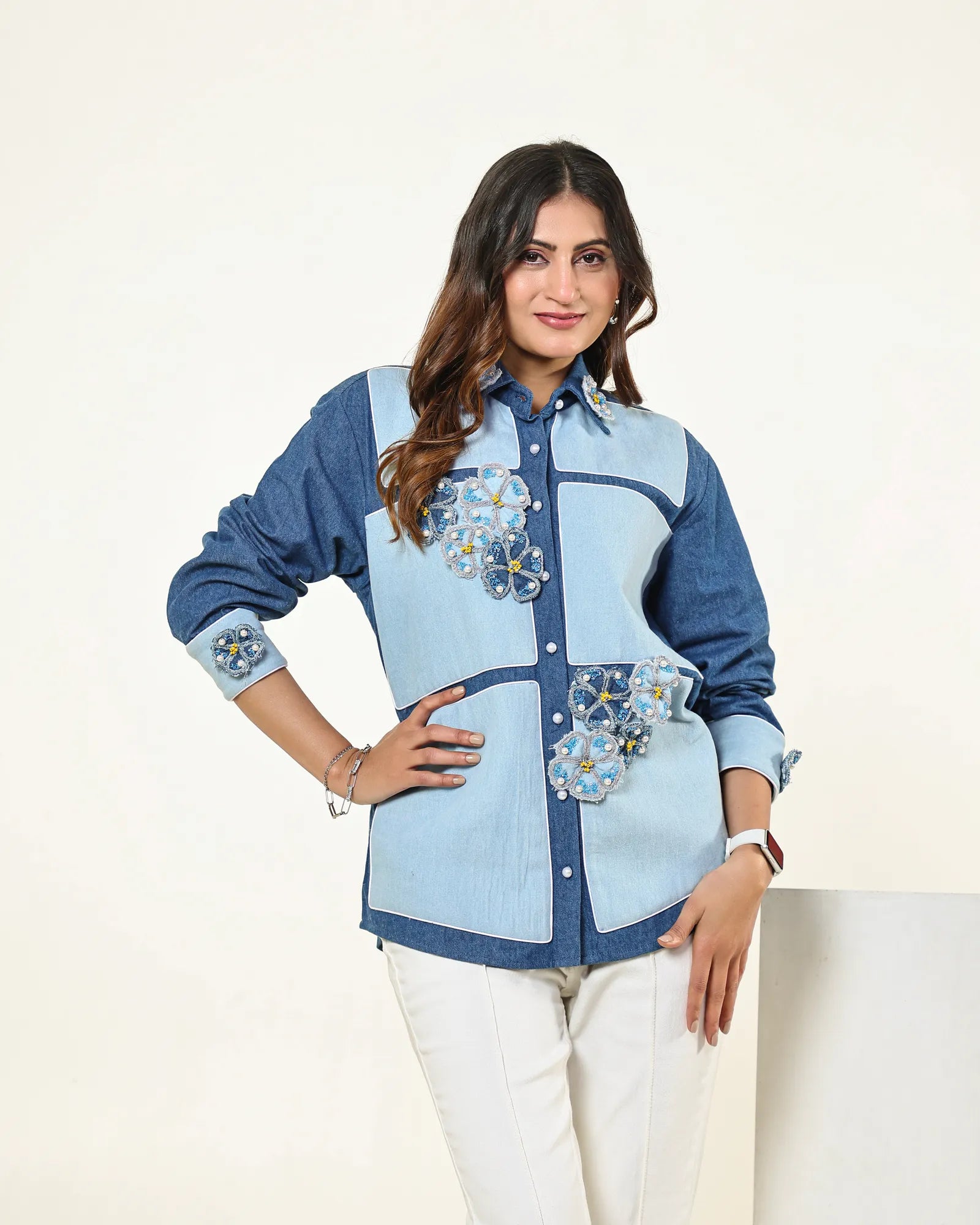 THE DARK AND LIGHT DENIM COLOUR BLOCK 3D FLOWERS EMBELLISHED SHIRT