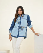 THE DARK AND LIGHT DENIM COLOUR BLOCK 3D FLOWERS EMBELLISHED SHIRT