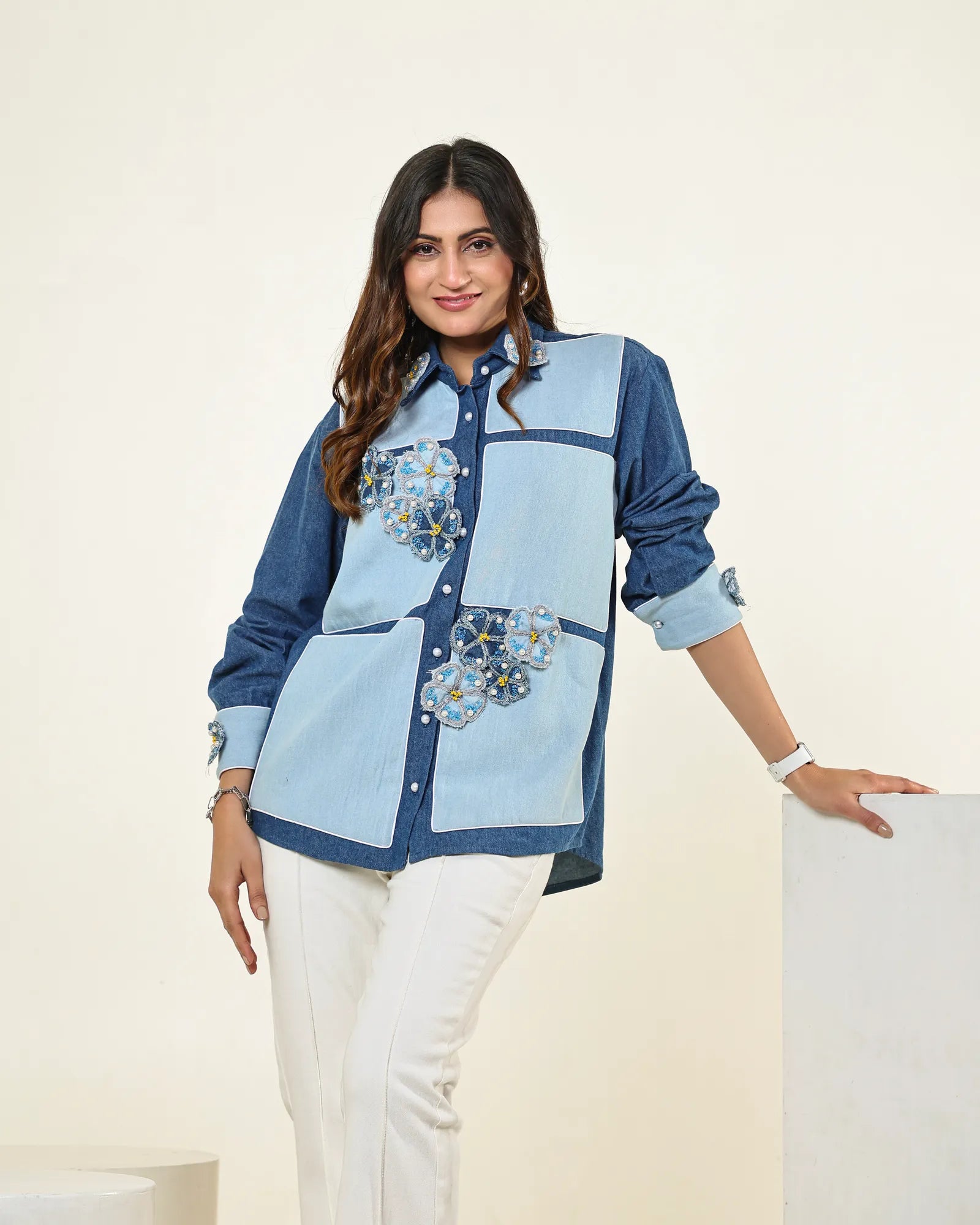 THE DARK AND LIGHT DENIM COLOUR BLOCK 3D FLOWERS EMBELLISHED SHIRT
