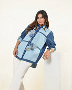 THE DARK AND LIGHT DENIM COLOUR BLOCK 3D FLOWERS EMBELLISHED SHIRT