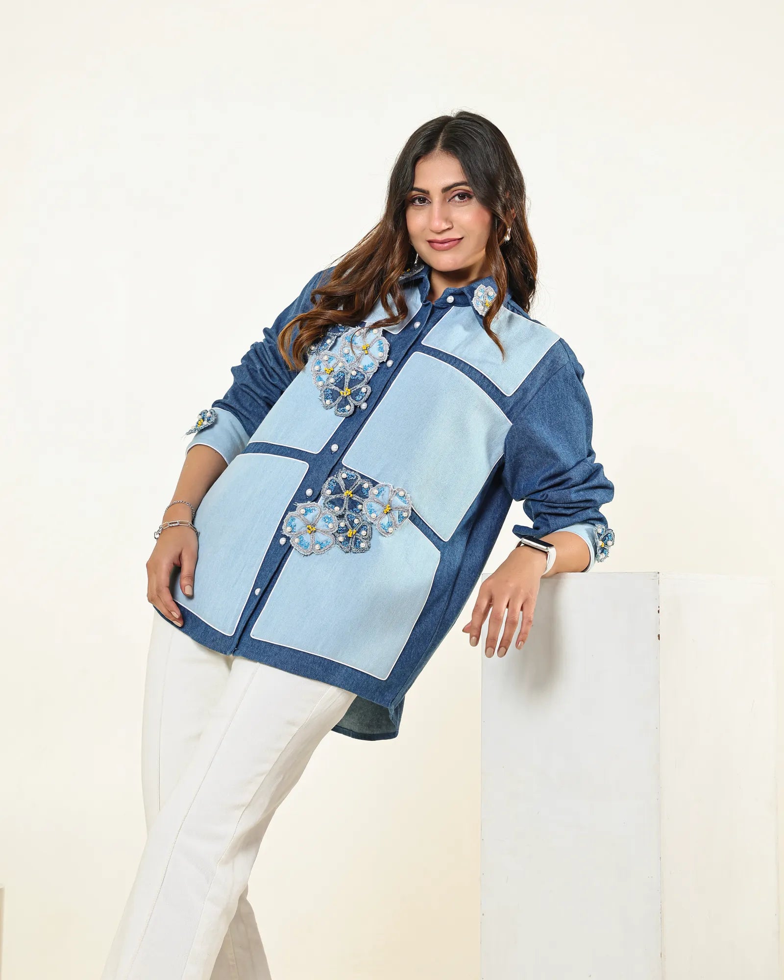 THE DARK AND LIGHT DENIM COLOUR BLOCK 3D FLOWERS EMBELLISHED SHIRT