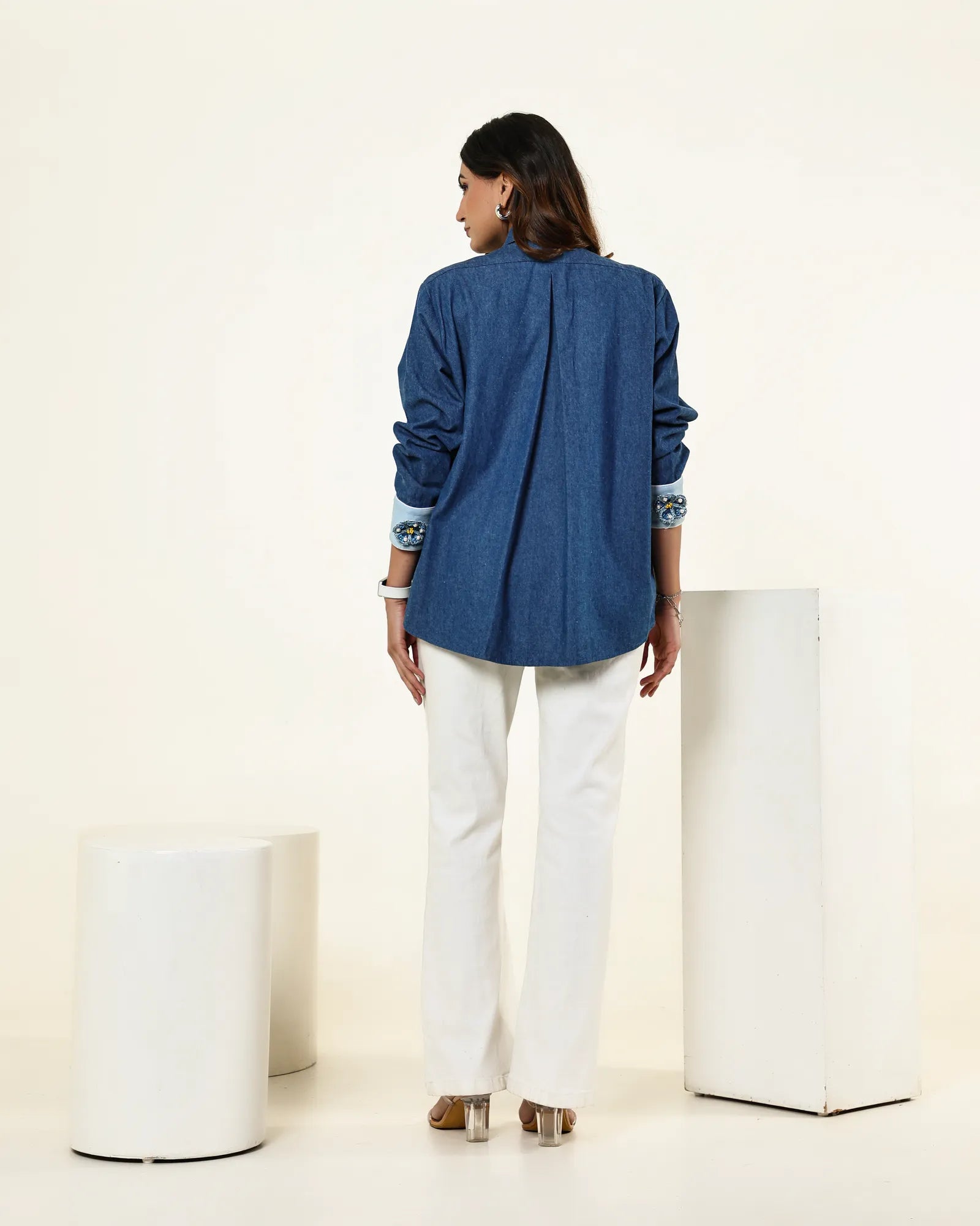 THE DARK AND LIGHT DENIM COLOUR BLOCK 3D FLOWERS EMBELLISHED SHIRT