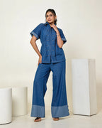 THE DARK DENIM ZIPPER SHIRT WITH WIDE LEG PANTS