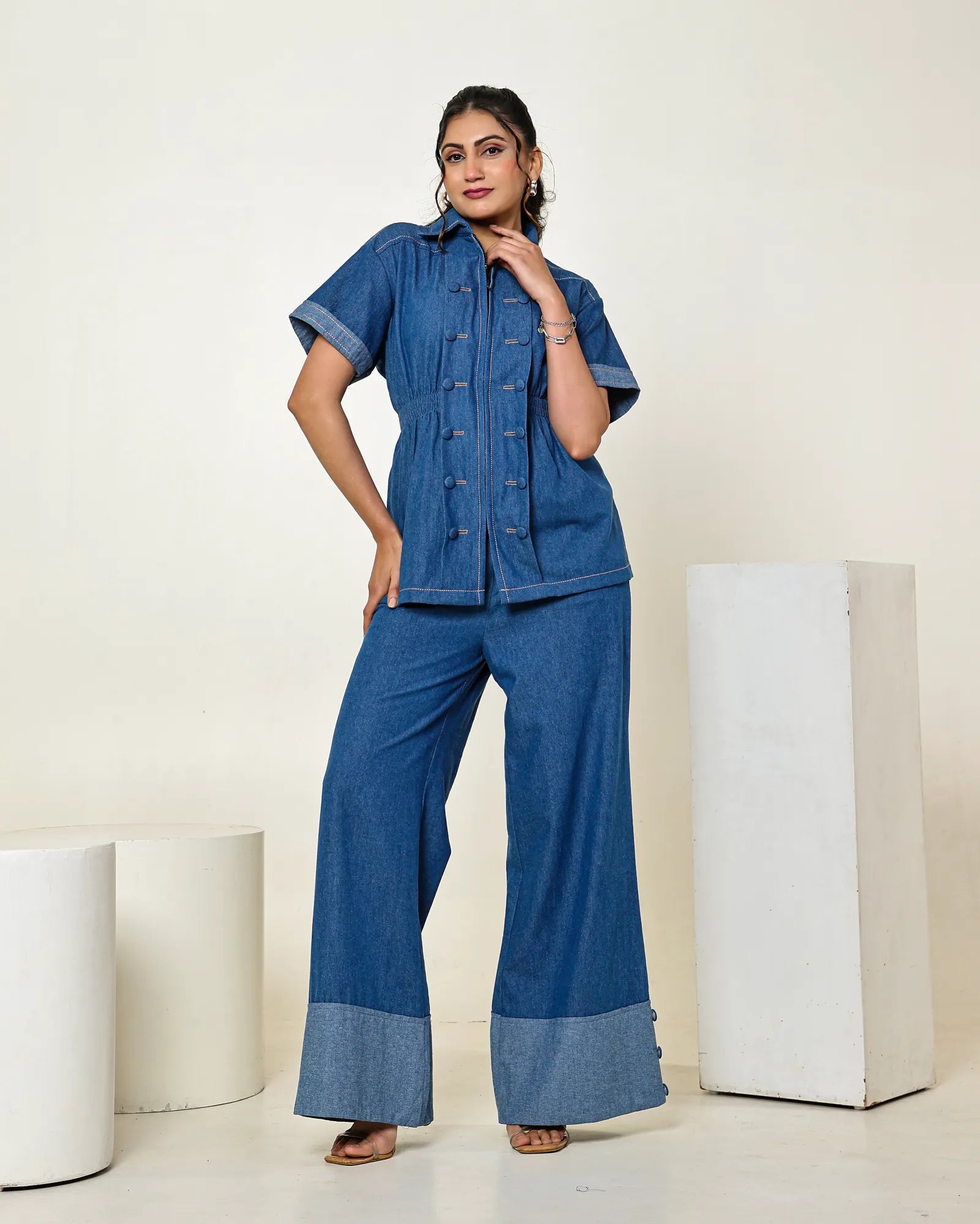THE DARK DENIM ZIPPER SHIRT WITH WIDE LEG PANTS