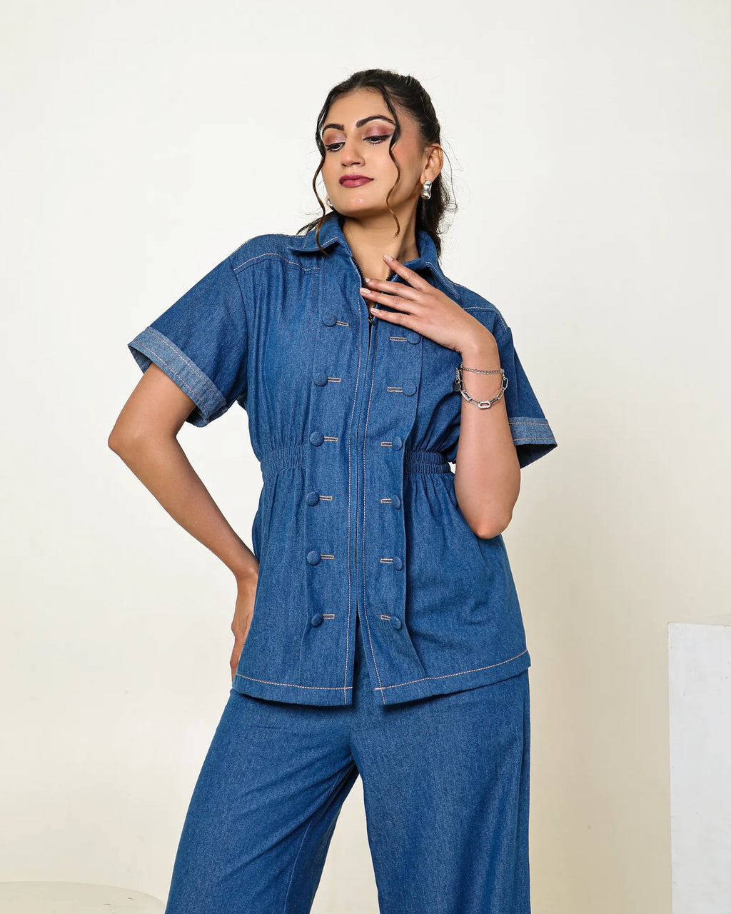 THE DARK DENIM ZIPPER SHIRT WITH WIDE LEG PANTS