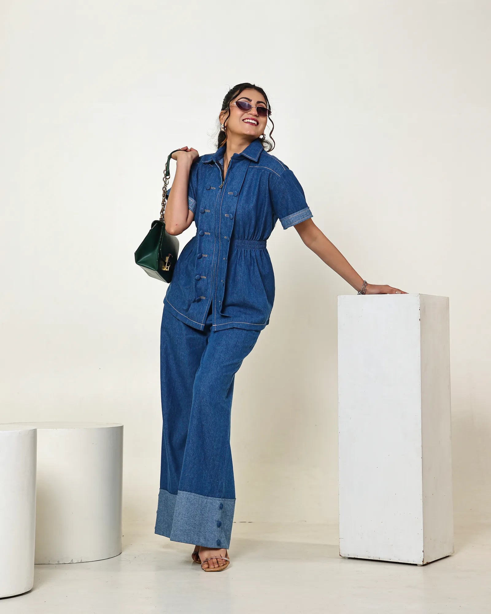 THE DARK DENIM ZIPPER SHIRT WITH WIDE LEG PANTS