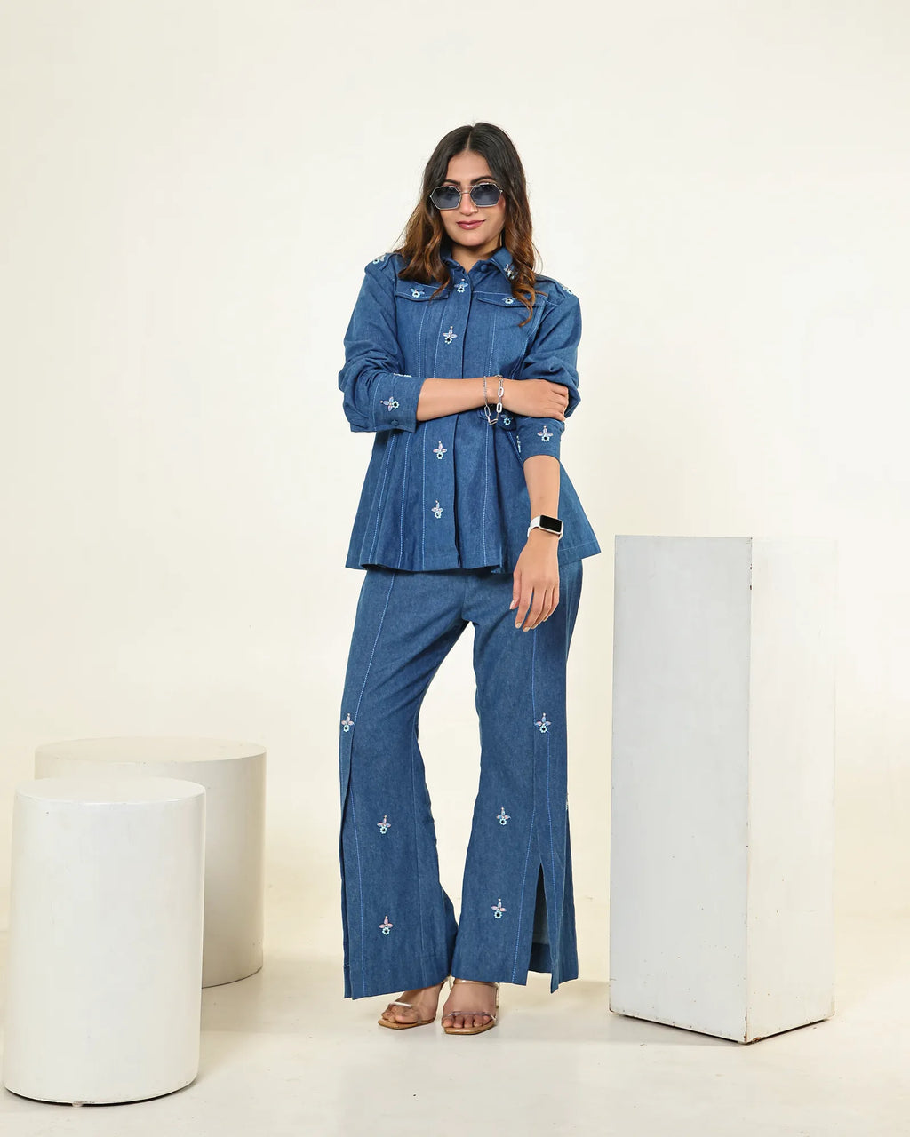 THE DARK DENIM EMBELLISHED PEPLUM FLAP SHIRT WITH HIGH SLIT CUT PANTS